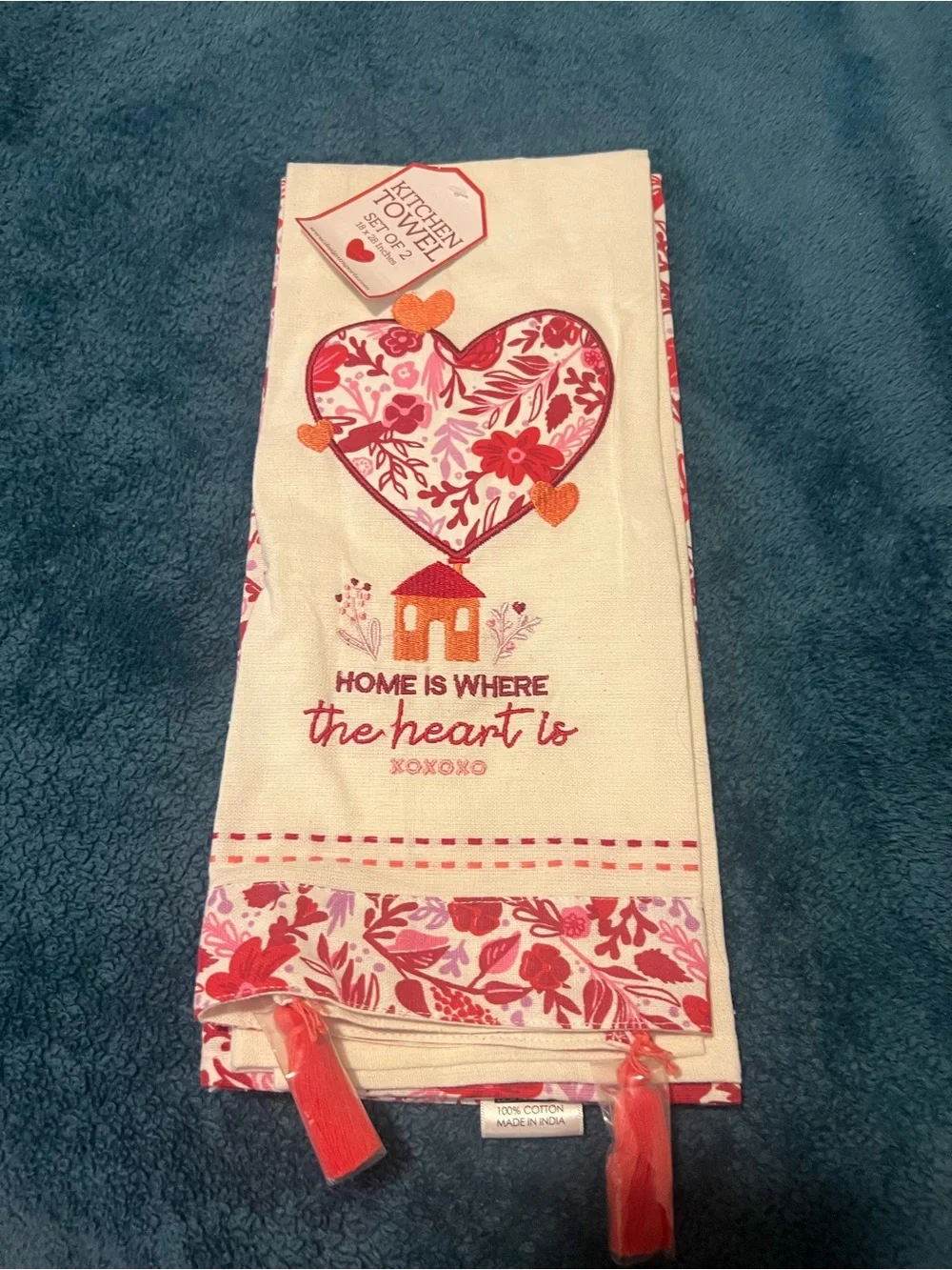 Home Is Where The Heart Is Kitchen Towel - Cream with Pink & Red Heart Motif